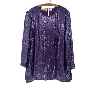Perfect Silhouettes Sparkling Purple Sequin Beaded Top Blouse Glam 2X 100% Silk